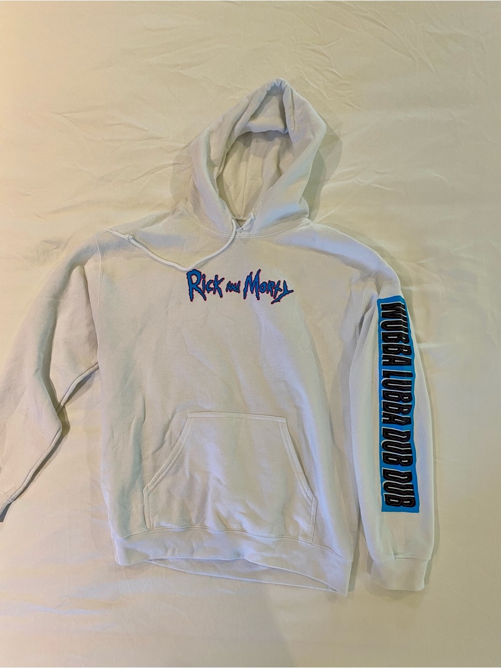 Rick and Morty White Graphic Hoodie with Sleeve Text